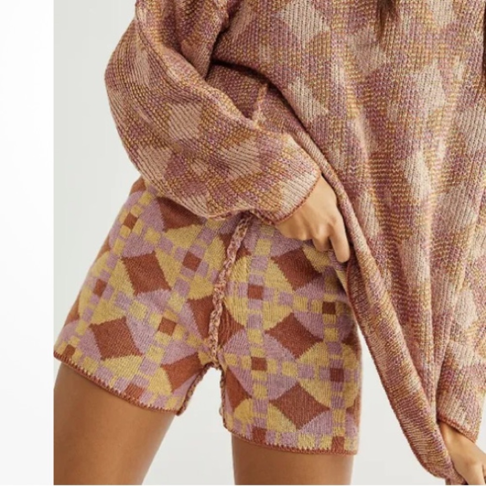 Free People Beach Malibu Pattern Sweater Reversible Brick Yellow SHORTS ONLY